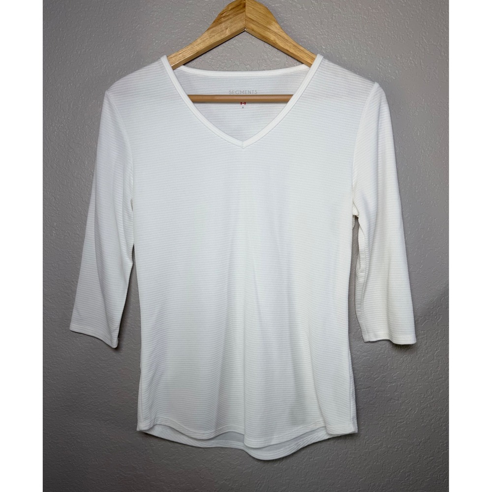 Segments Essentials White Ribbed V-Neck Top 3/4 Sleeve Tencel Modal Small Canada